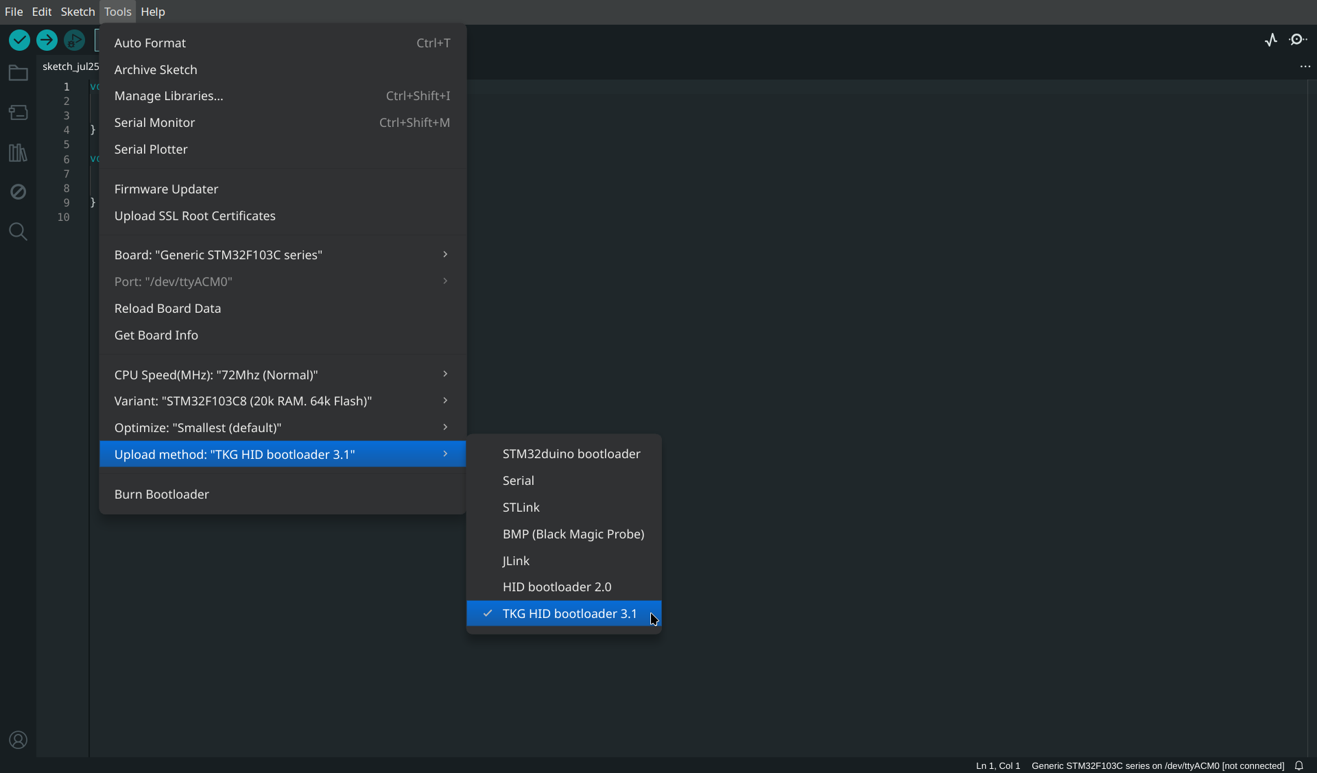 Arduino IDE board configuration (Dark Mode)