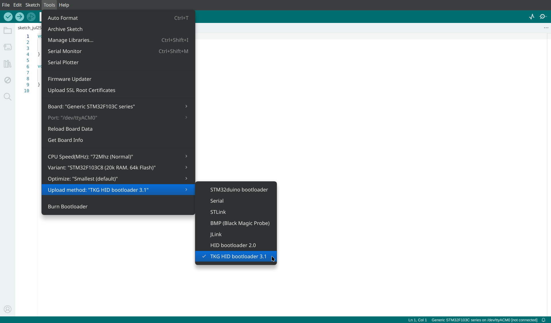 Arduino IDE board configuration (Light Mode)