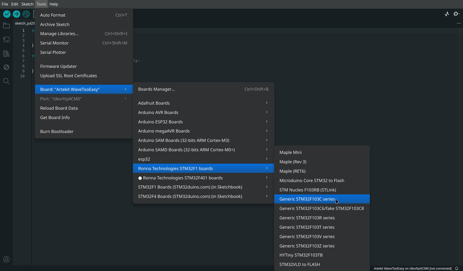 Arduino IDE board selection (Dark Mode)