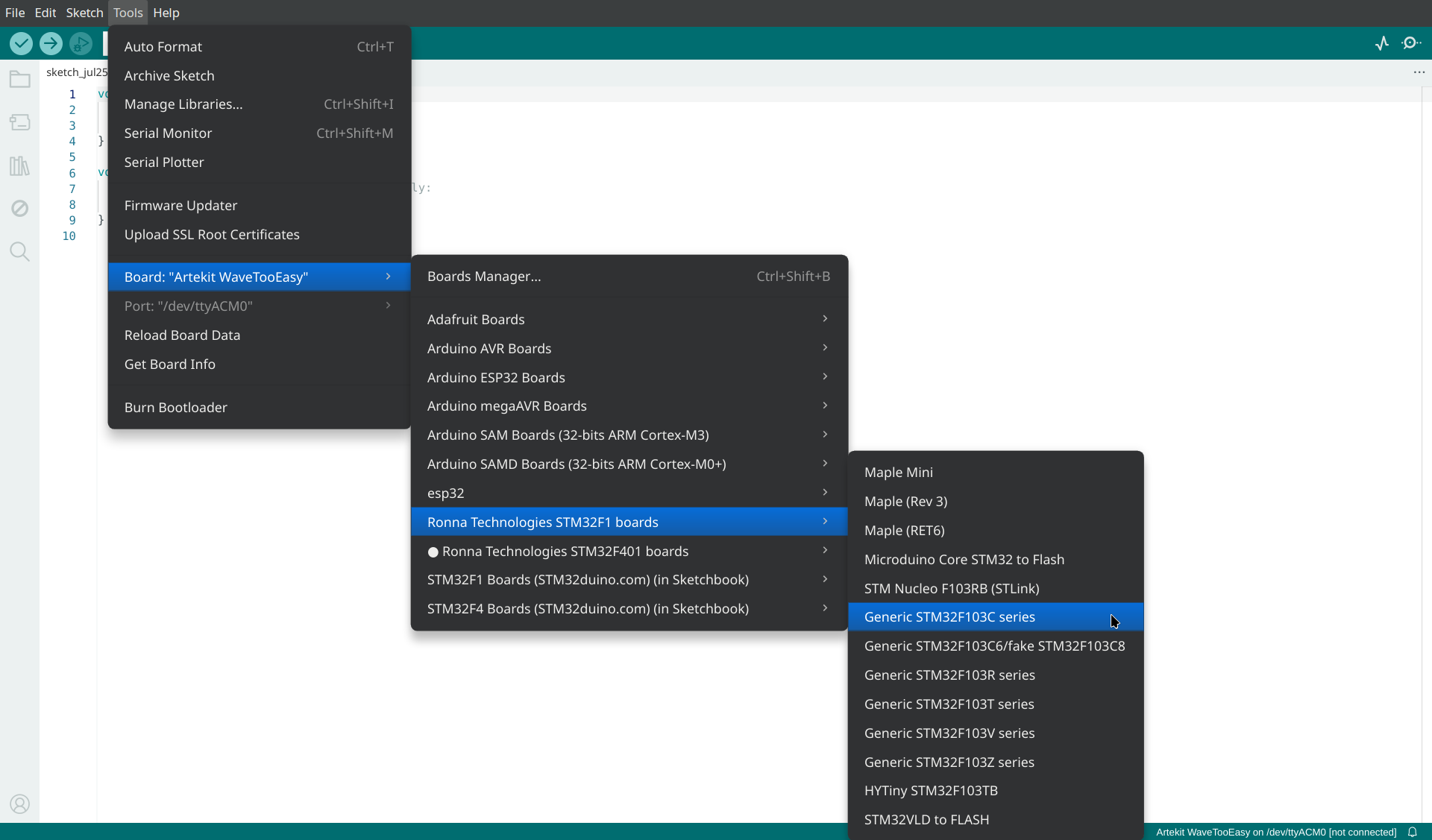 Arduino IDE board selection (Light Mode)